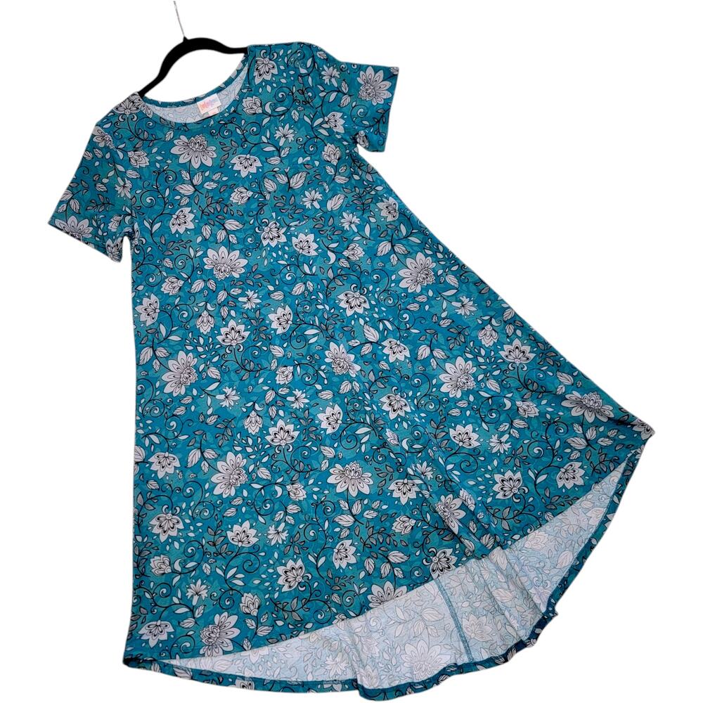 LuLaRoe Carly XS Teal Grey Paisley Floral Print High Low A-Line Swing Dress